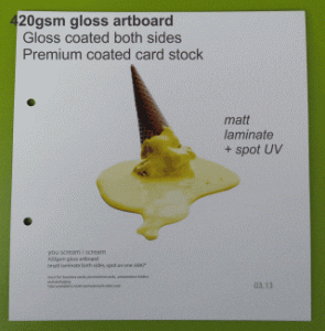 420gsm satin artboard with matt laminate + spot uv