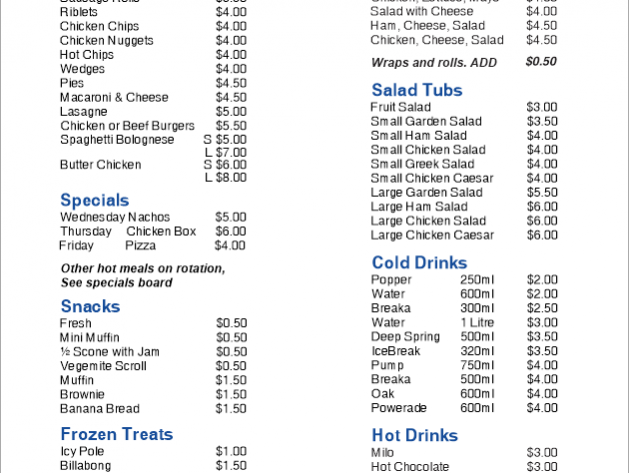 tuckshop menu printing brisbane