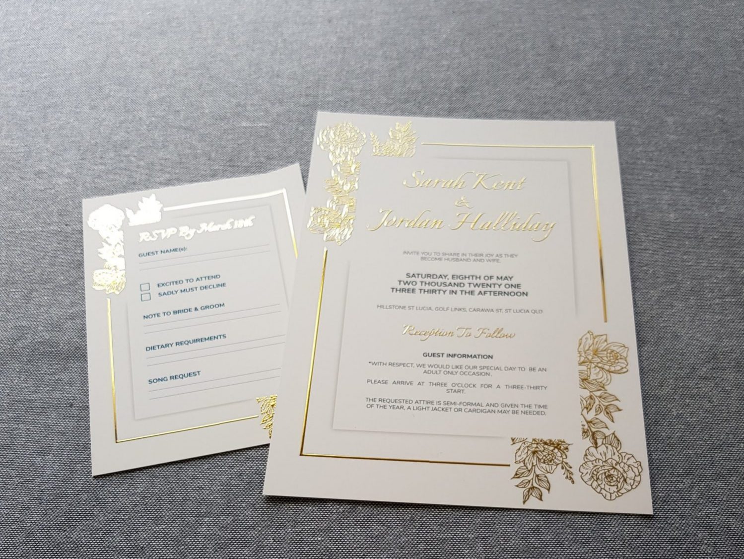 Wedding Invitation Raised metallic scodix printing on velvet laminate card